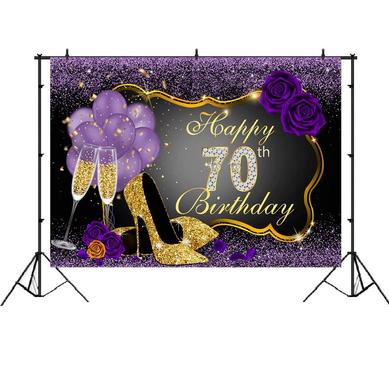 LoveInM Happy 70th Birthday Backdrops Shining Purple Dots and Gold Frame Photography Background for Party Decorations Rose Floral Balloons Heels Champagne Glass Party Banner Supplies Photo Studio Props 7x5ft - Image 2